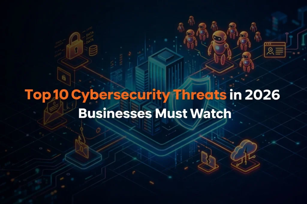 Illustration of Cybersecurity Threats in 2026 including AI attacks and data breaches