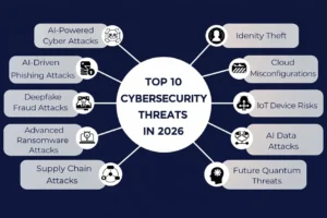 Cybersecurity Threats in 2026 showing AI-driven attacks, data breaches, risks