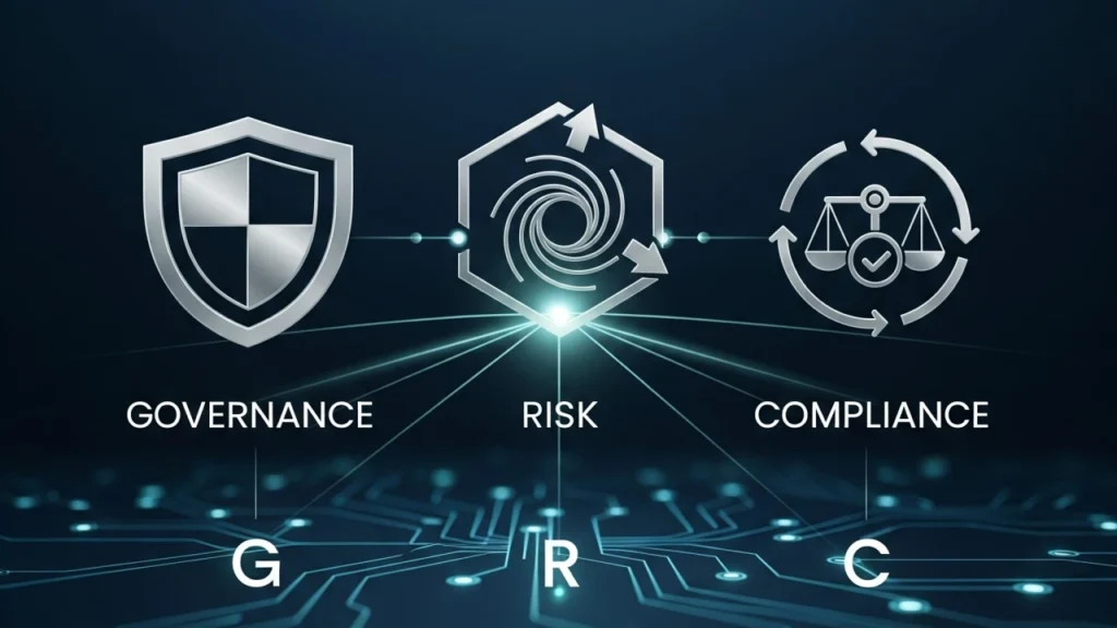 GRC in cybersecurity concept showing governance, risk, and compliance icons with shield, arrows, and balance scales on digital background