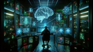 AI Cyber Attacks illustration showing digital hacking, data breach and cyber threat