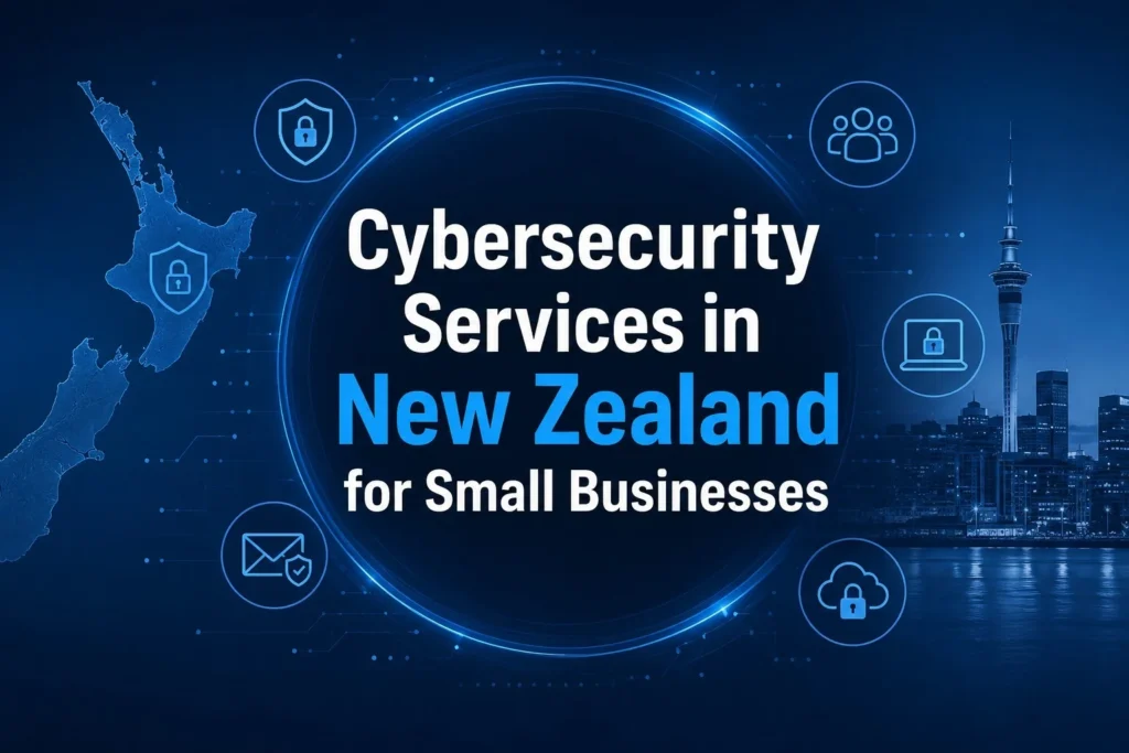 Professional Cybersecurity Services in New Zealand for small businesses with Auckland skyline.