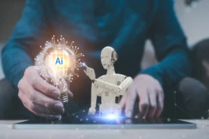 AI Cyber Attacks concept with robot, digital lightbulb and cybersecurity threat