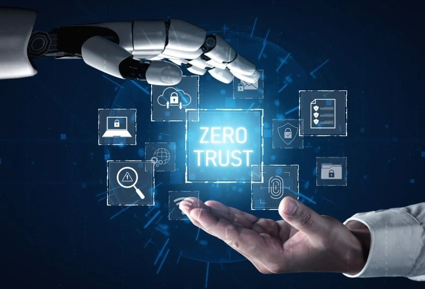 Robot and human hands interacting with zero level security icons and Zero Trust digital interface.
