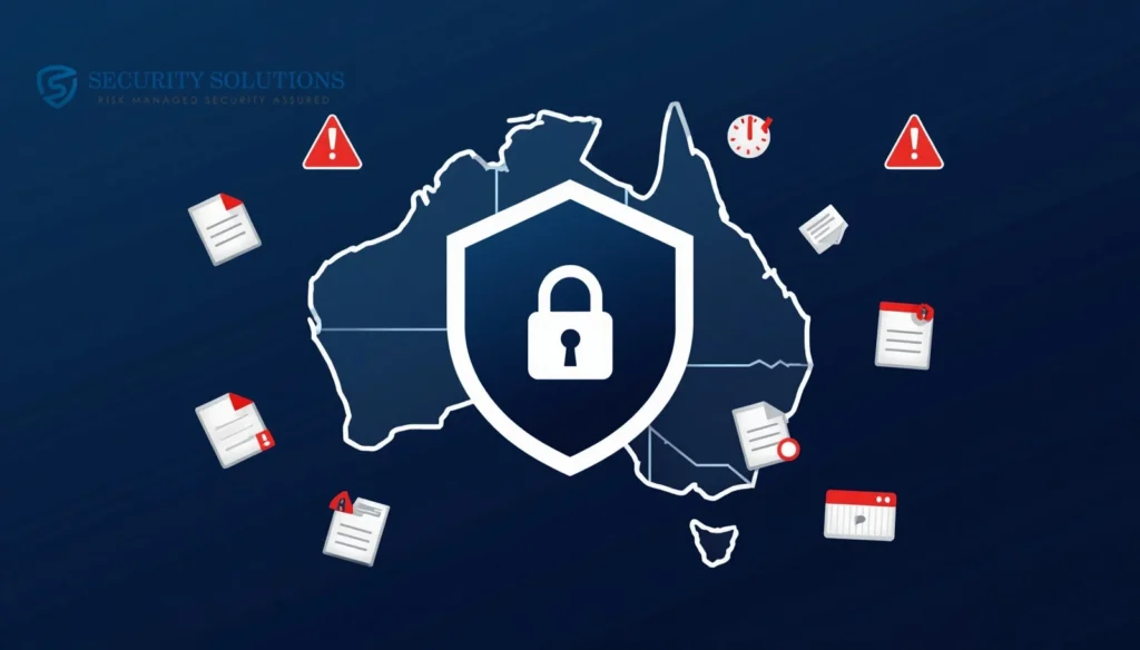 Australia map with a security shield lock protecting against Notifiable Data Breaches.