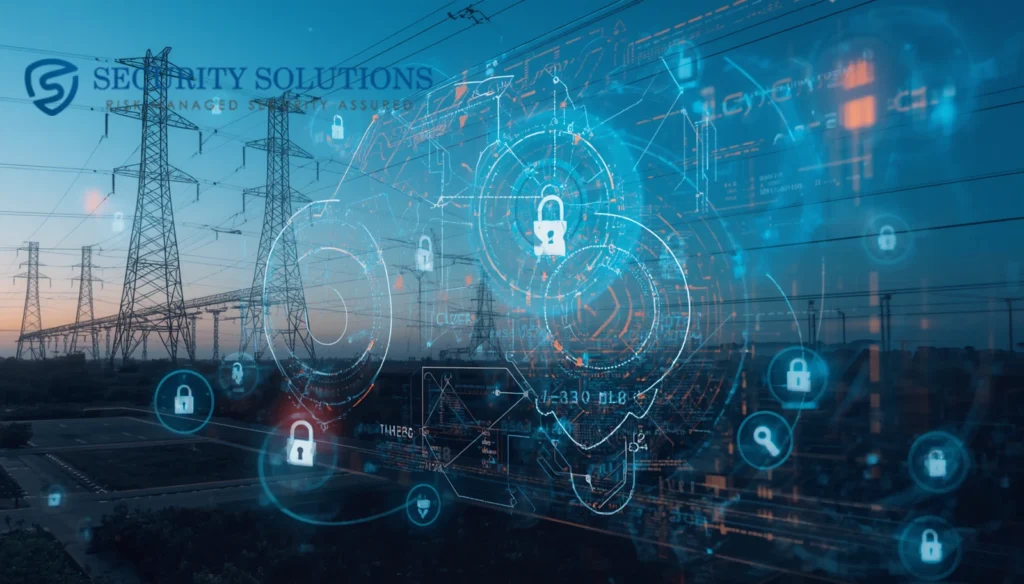 Cybersecurity overlay with lock icons over a power grid infrastructure.