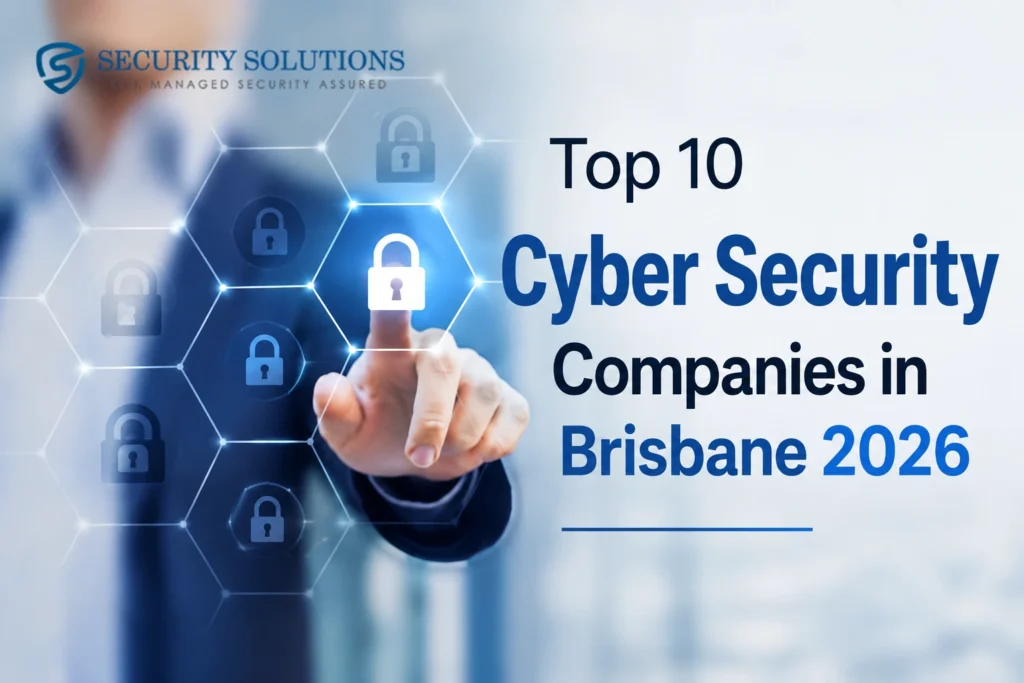 A businessman touching a digital lock icon next to cybersecurity promotional text.