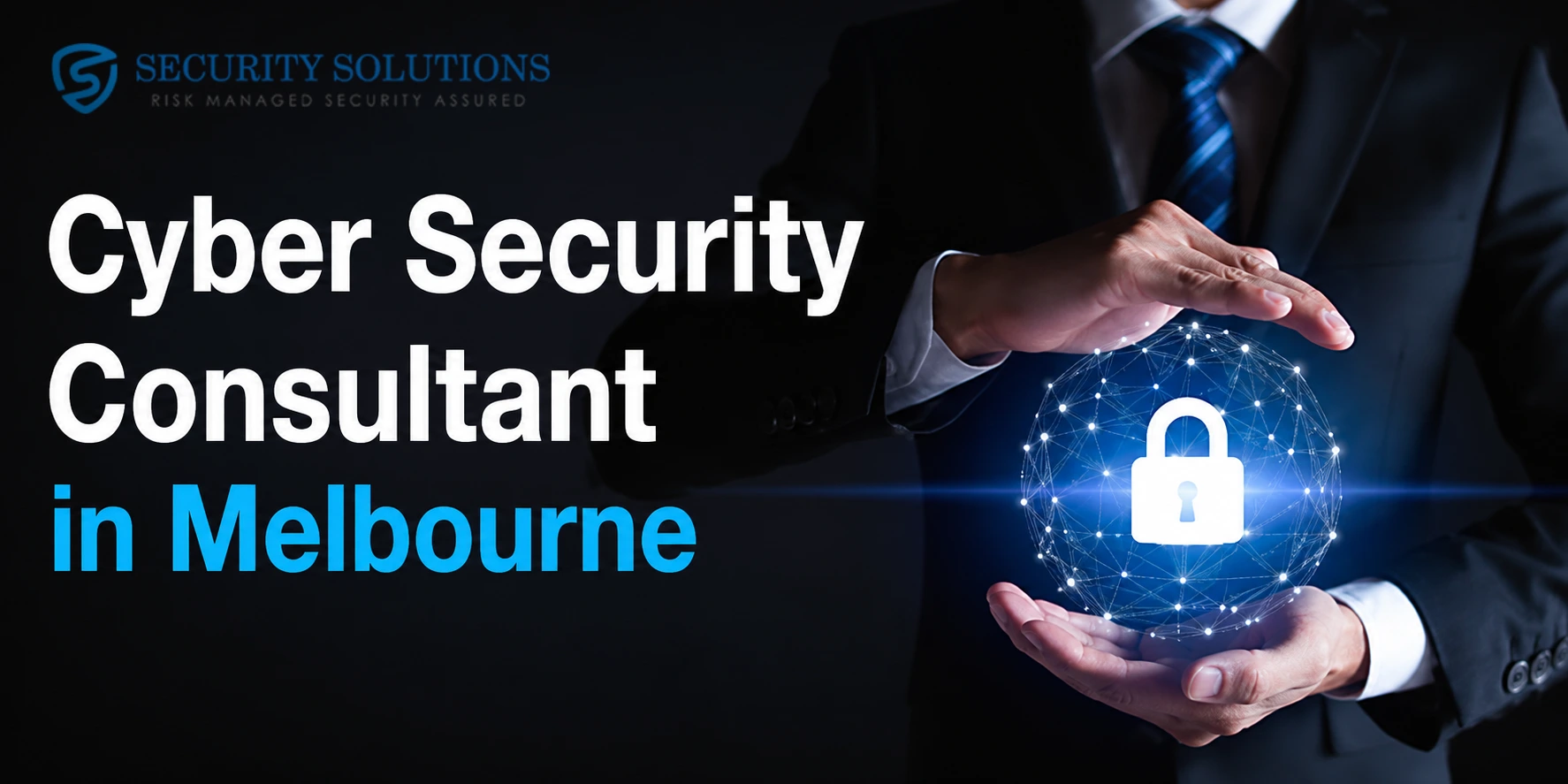 Cyber security services in Melbourne, a consultant securing a digital padlock over a city skyline