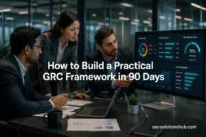 Professionals analyzing a dashboard for building a practical GRC Framework.