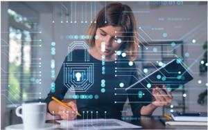 A woman working at a desk with a digital padlock and circuit graphics overlay.
