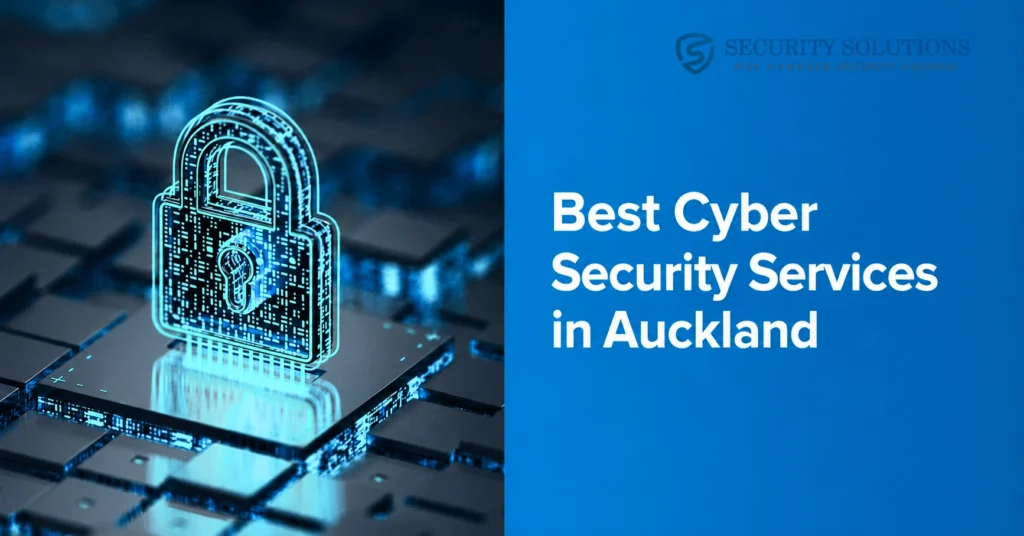 Digital padlock on a microchip next to cyber security services text.