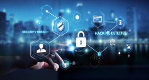 A hand interacting with a glowing digital interface showing security breach and hacking alerts.