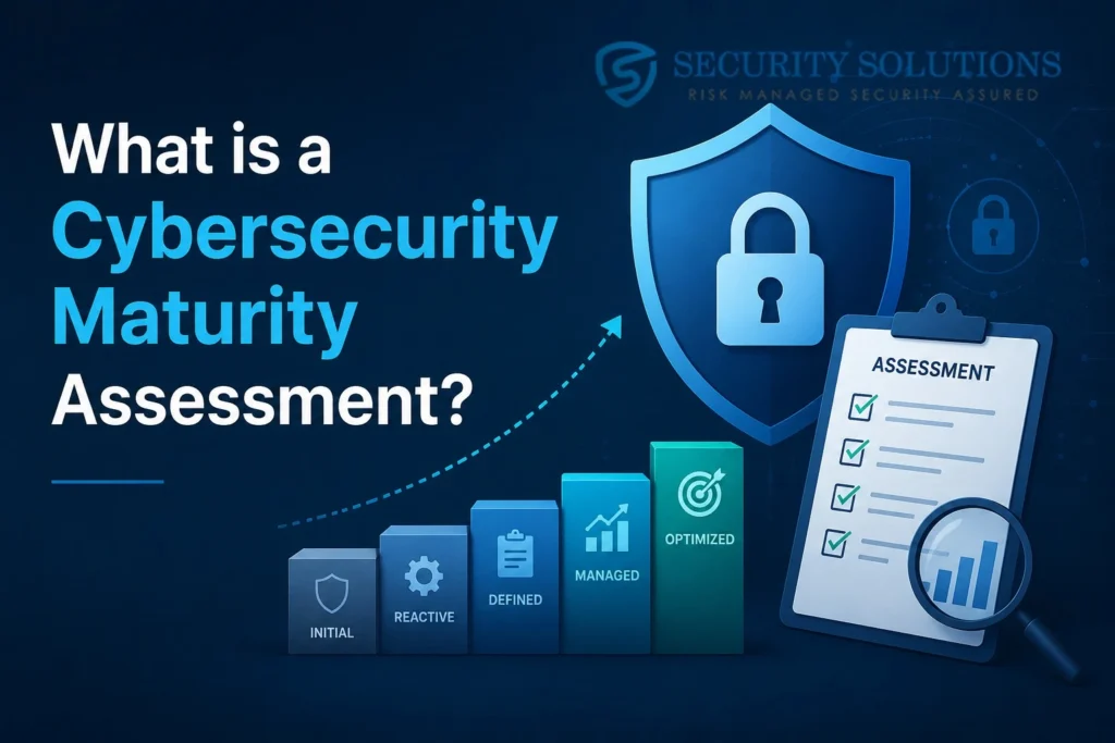 A cybersecurity maturity assessment infographic displaying security framework metrics, a digital padlock shield, and a compliance report on a smartphone