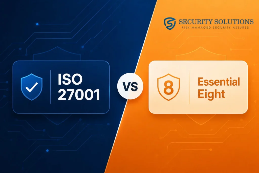 ISO 27001 vs Essential Eight cybersecurity framework comparison graphic by Security Solution Consultants.
