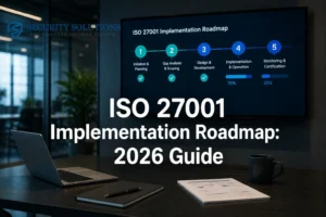 An infographic titled "ISO 27001 Implementation Roadmap: 2026 Guide" showing a five-phase timeline on a dark blue background. The roadmap lists Phase 1: Preparation & Scoping, Phase 2: Risk Assessment, Phase 3: Documentation & Implementation, Phase 4: Internal Audit, and Phase 5: Certification Audit, with a laptop and notebook placed on a desk in the foreground.