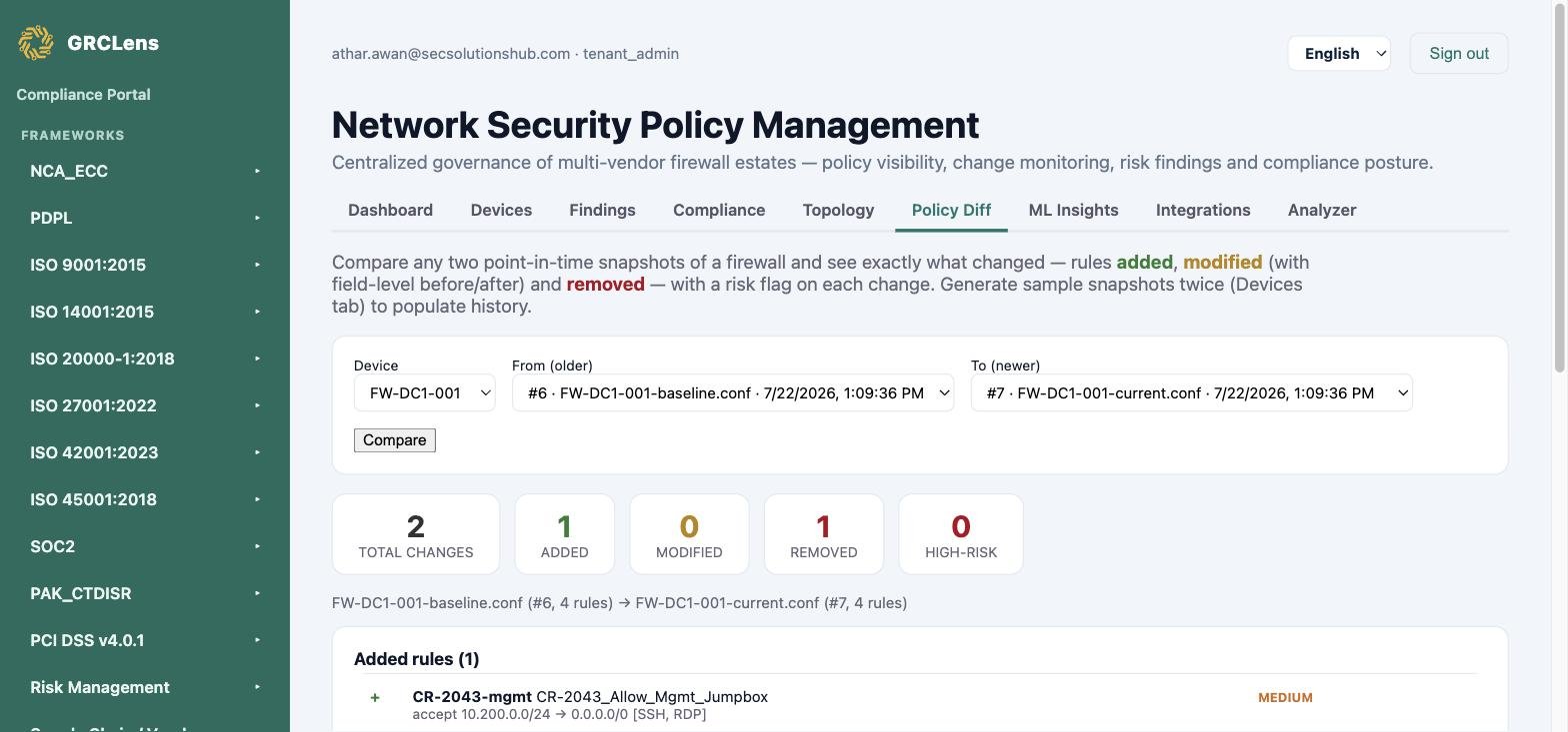 GRCLens NSPM Policy Diff comparing two firewall snapshots showing added, modified and removed rules with risk classification