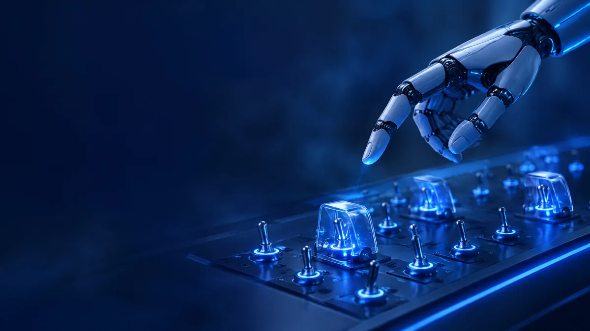 A robotic hand hovering over a glowing control panel where some switches are locked behind translucent shields