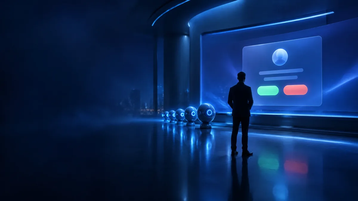 A person in a modern operations room reviewing an approval request on a large screen while abstract AI agents wait in a queue