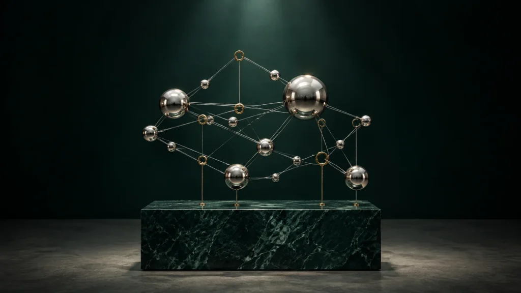 A sculpture of platinum spheres linked by taut silver threads held in check by brass guide rings, on a dark green marble plinth