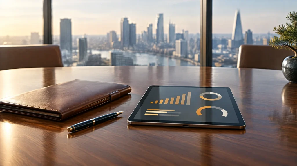 A walnut boardroom table with a leather folio, a fountain pen and a tablet showing an abstract amber risk dashboard, city skyline beyond