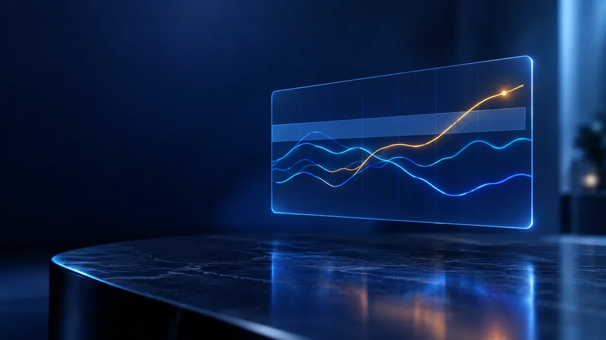 A minimal dark dashboard floating above a boardroom table showing trend lines rising and falling against a threshold band