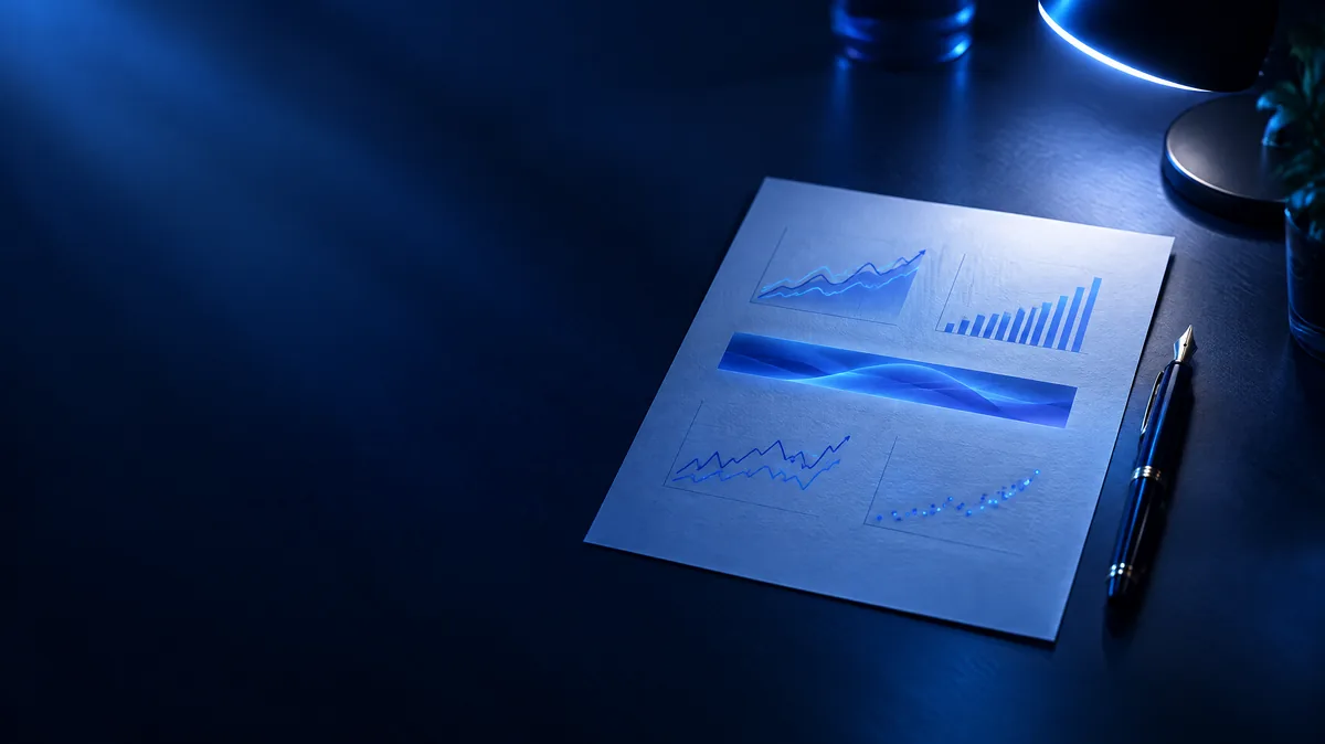 A single printed page on a dark desk with four small trend charts and a highlighted risk appetite line, a pen resting beside it