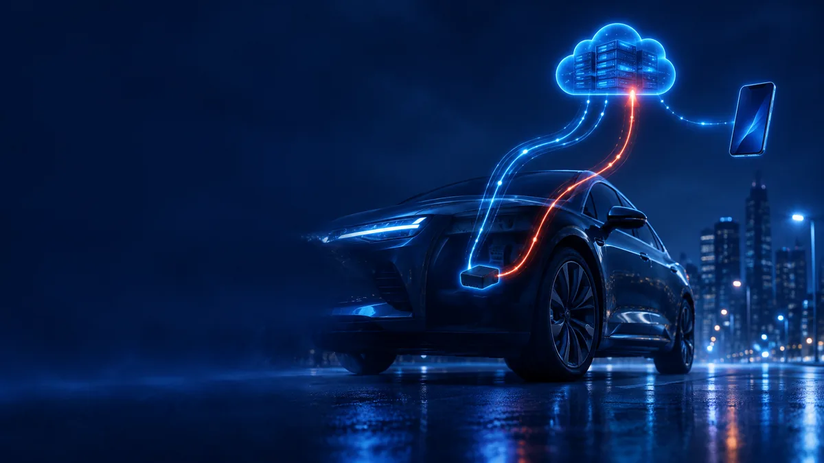 A connected car on a night street with faint signal paths running from its telematics unit to a cloud platform and a smartphone