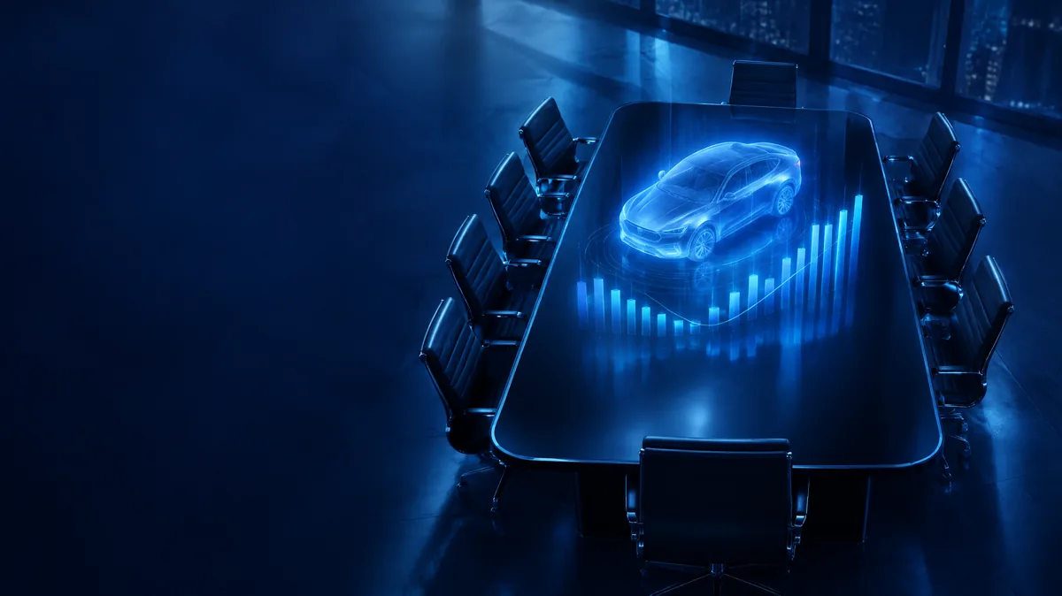A boardroom table viewed from above with a translucent holographic car and a risk dashboard floating over it
