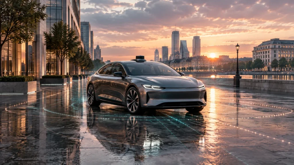 An autonomous car with a roof sensor parked on a rain-washed stone boulevard at dawn, faint sensor light traces across the wet paving