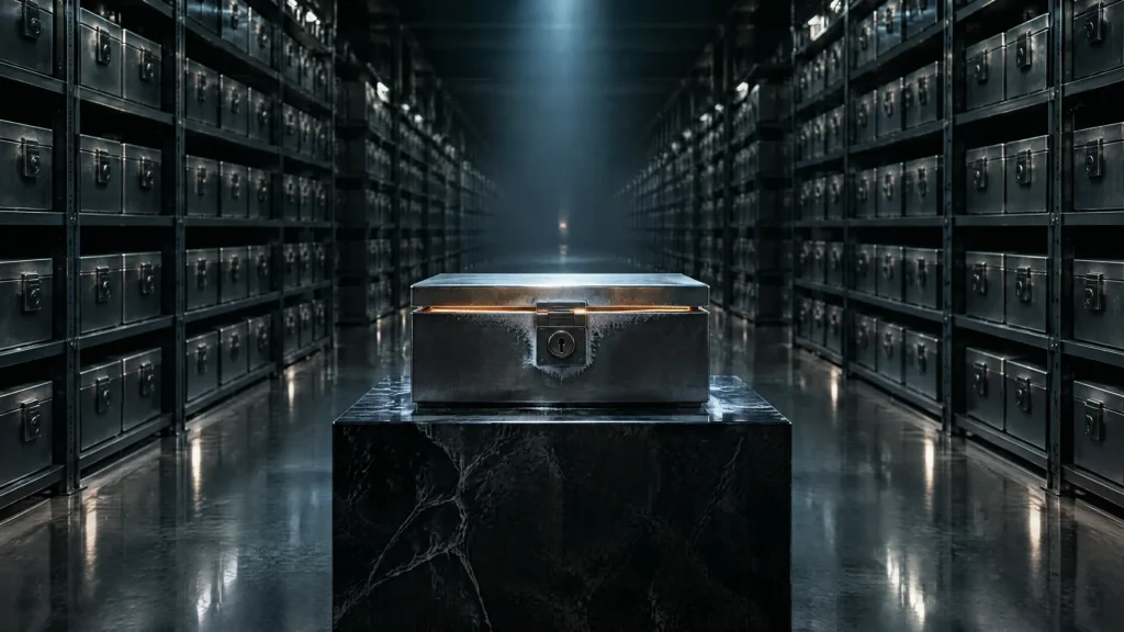 A sealed steel strongbox with a frosted lock on a black stone plinth, in front of endless rows of identical sealed boxes in a dark archive