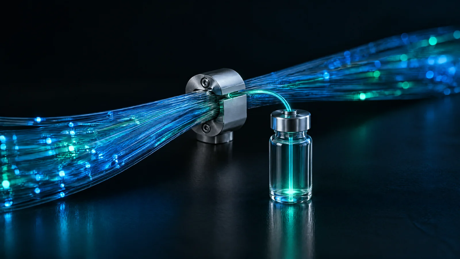 Macro photograph of fibre-optic strands carrying light, with a small titanium clamp siphoning a thread of light into a sealed glass vial