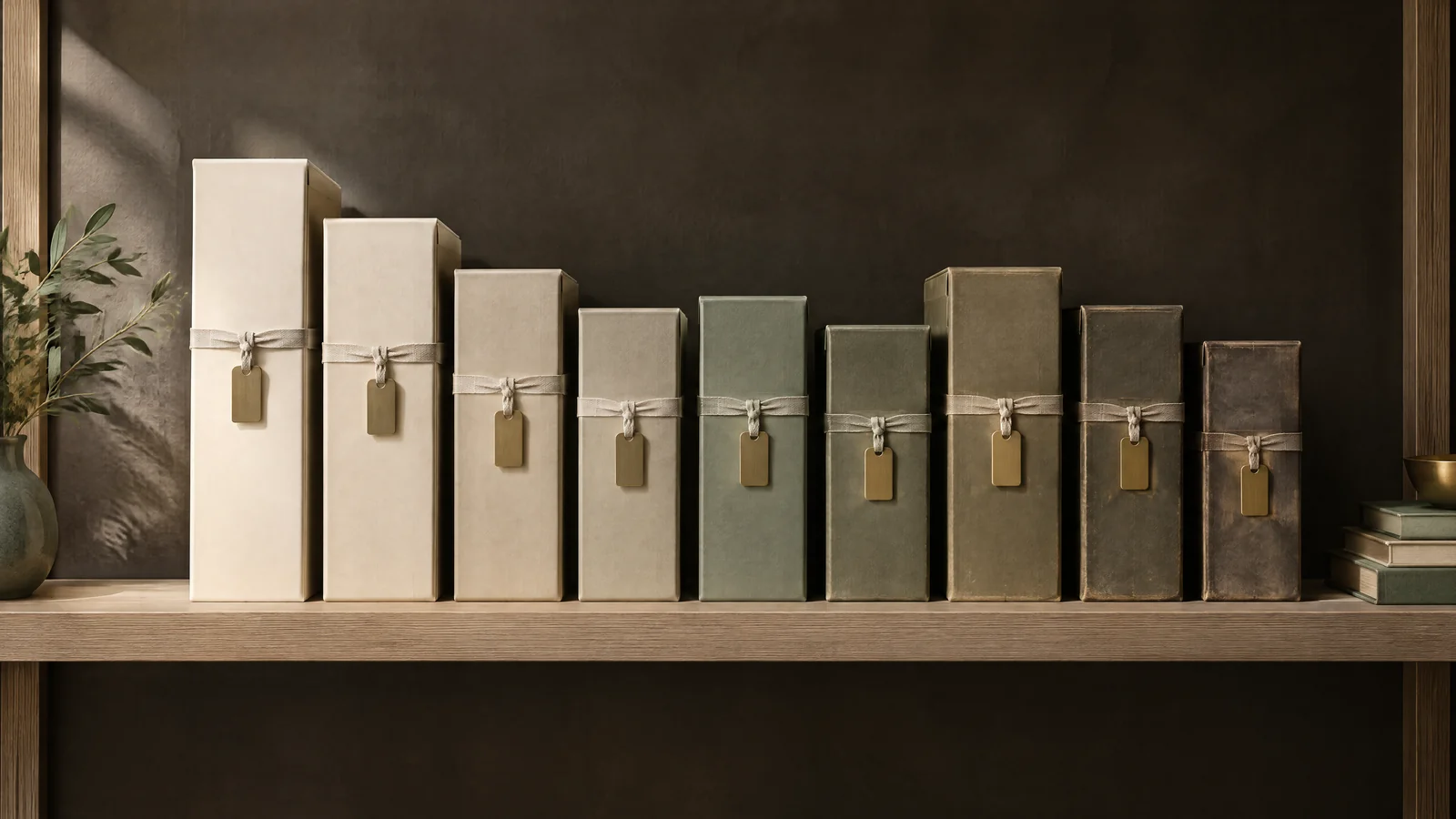 A row of sealed archival document boxes ageing from new ivory to weathered patina on a pale oak shelf