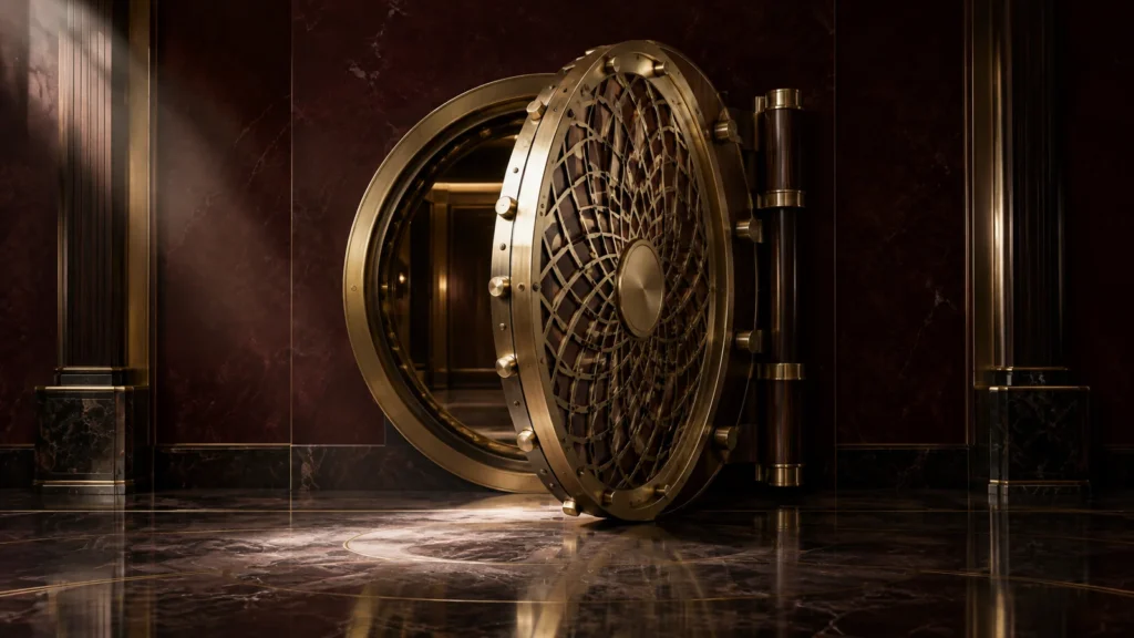 A brass and walnut bank vault door engraved with a geometric lattice pattern, standing ajar in a dim burgundy marble hall