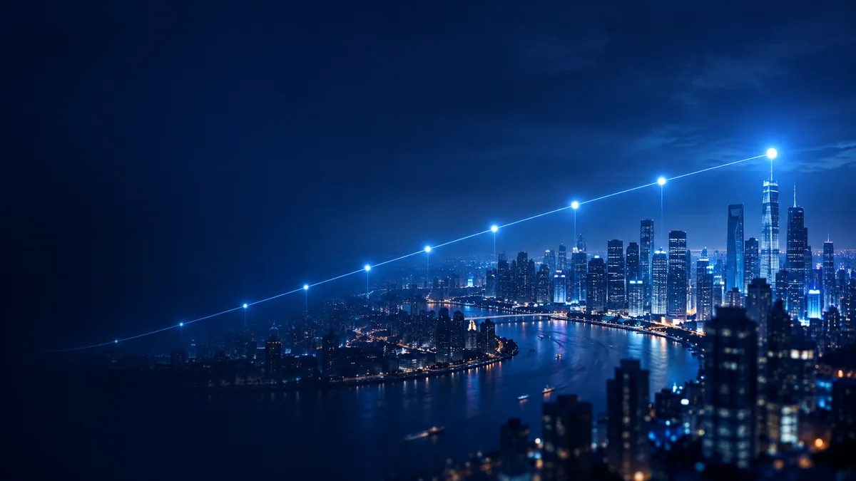 A glowing timeline arc over a dark city skyline with milestone markers from 2026 to 2035