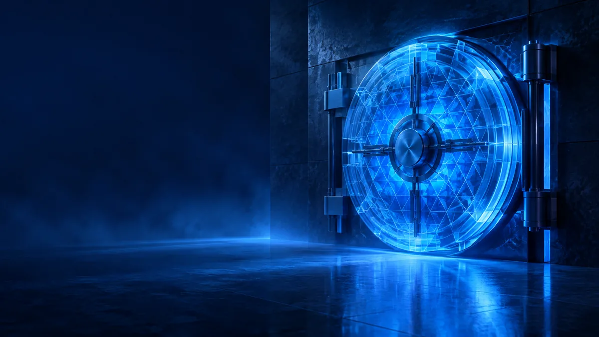 A secure vault door made of layered glass lattice panels glowing blue, representing lattice-based cryptography