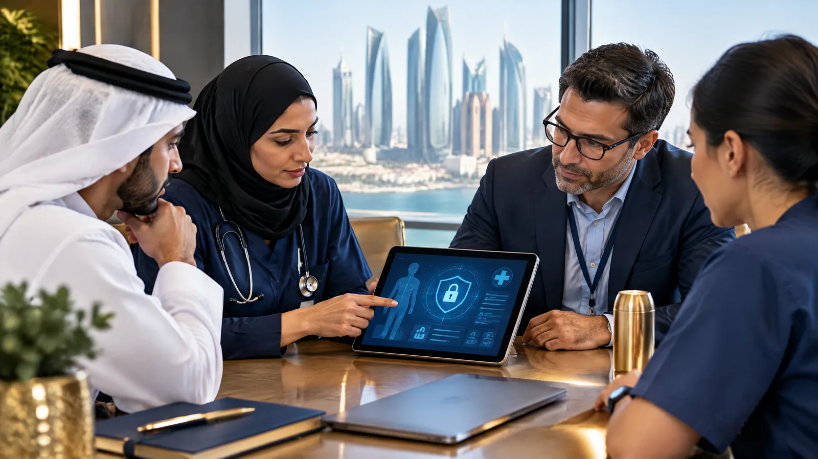Hospital IT and clinical team reviewing a secure records interface on a tablet, representing ADHICS healthcare information security training