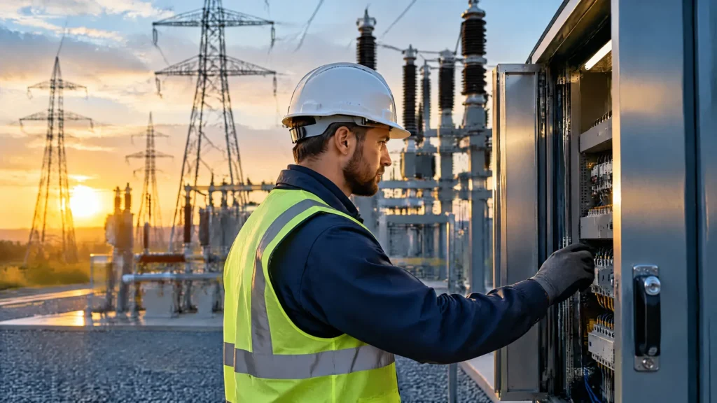 An engineer inspects a substation control cabinet, illustrating AESCSF compliance for Australian energy firms.