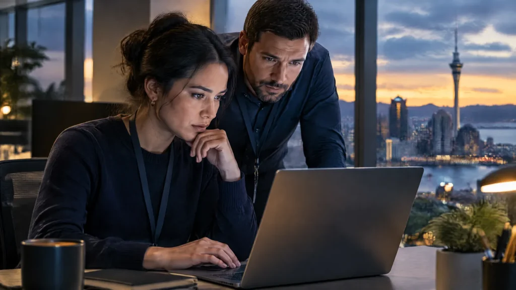 Security analysts in Auckland investigate an AI-generated phishing attempt.