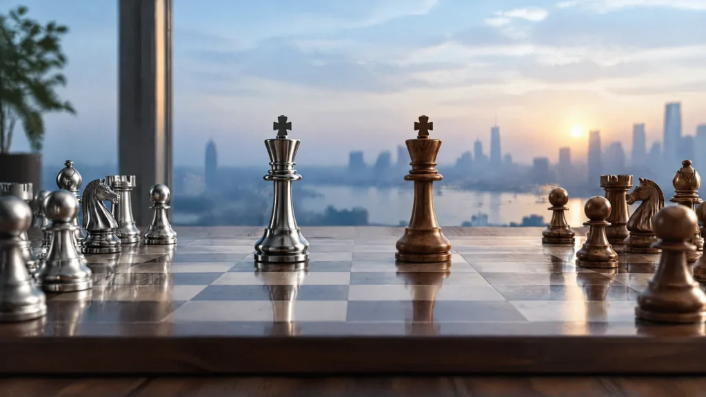 A steel chess piece facing a wooden one mid-game, representing the opportunities and risks of AI in cyber security.