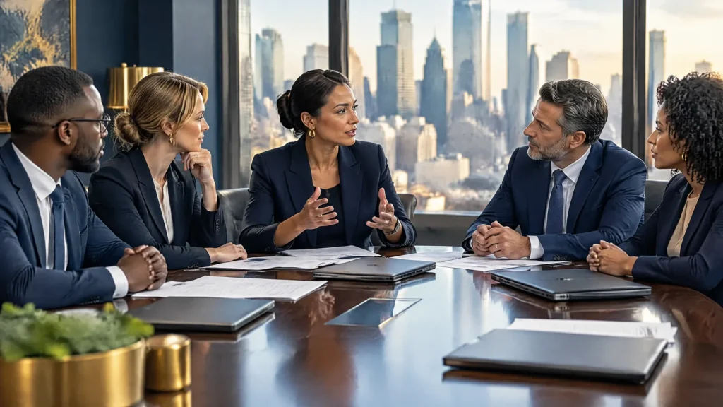 An executive team discusses AI governance policy in a boardroom.