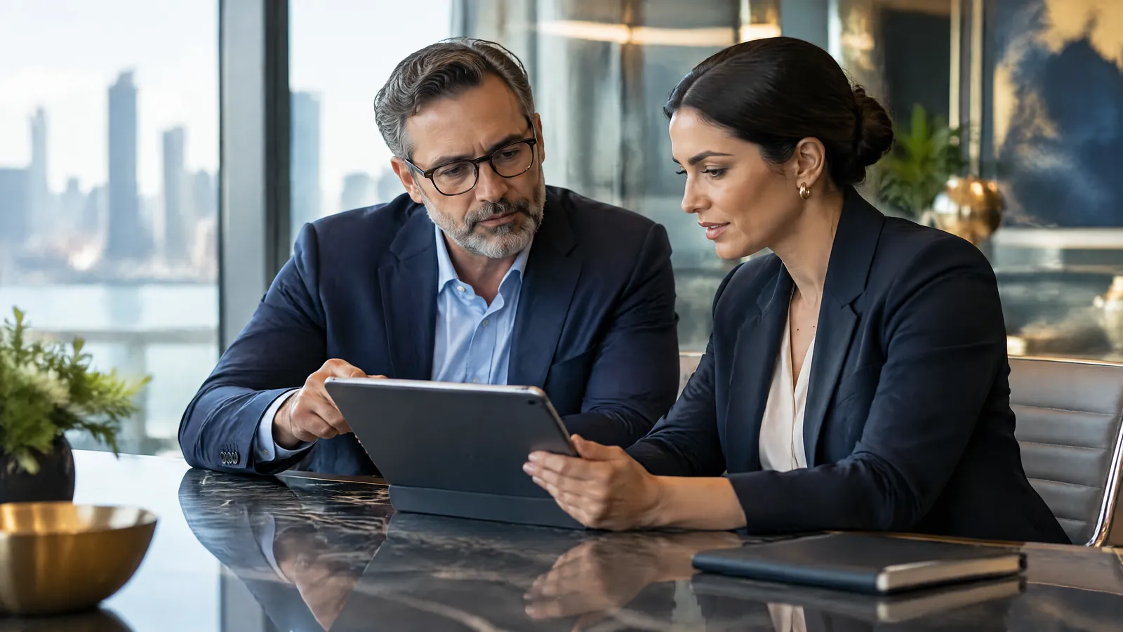 A chief data officer and legal counsel review an AI system register together.