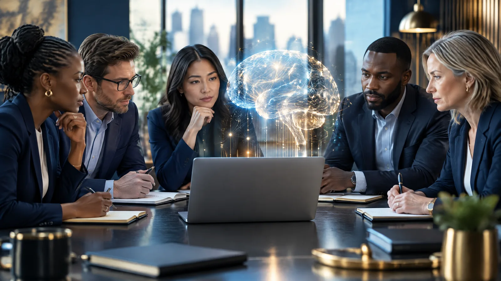 Team around a boardroom table reviewing an AI system with a glowing brain shape above the table, representing AI governance training