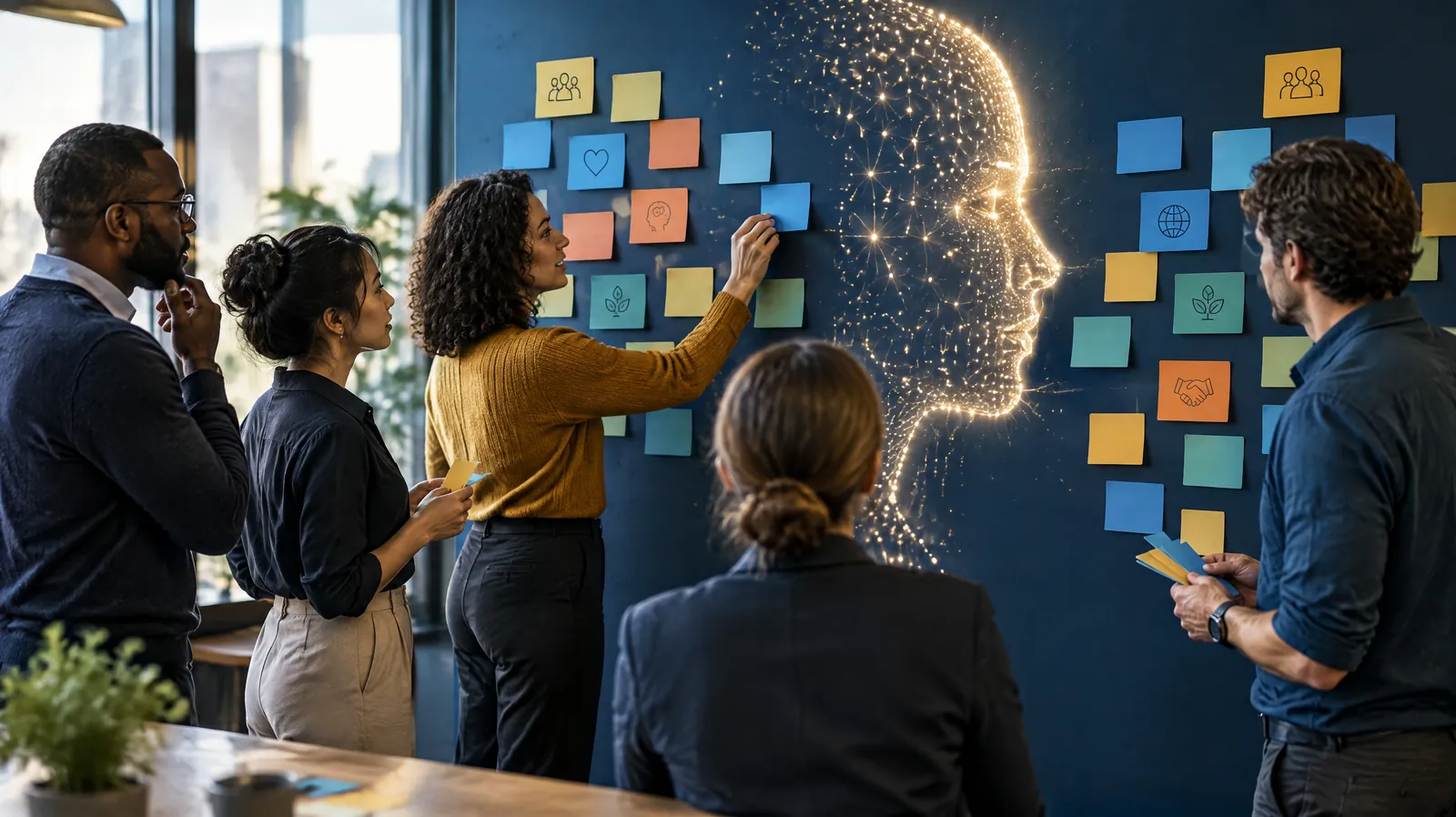 Workshop group placing cards on a wall under a softly glowing face silhouette, representing AI system impact assessment