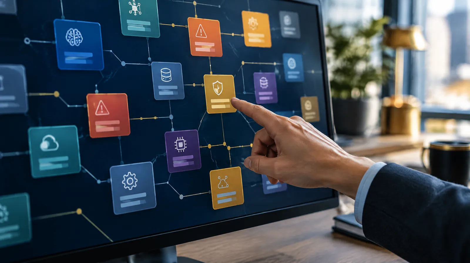 Monitor showing a grid of connected cards with a hand pointing at one, representing an AI system inventory and risk register