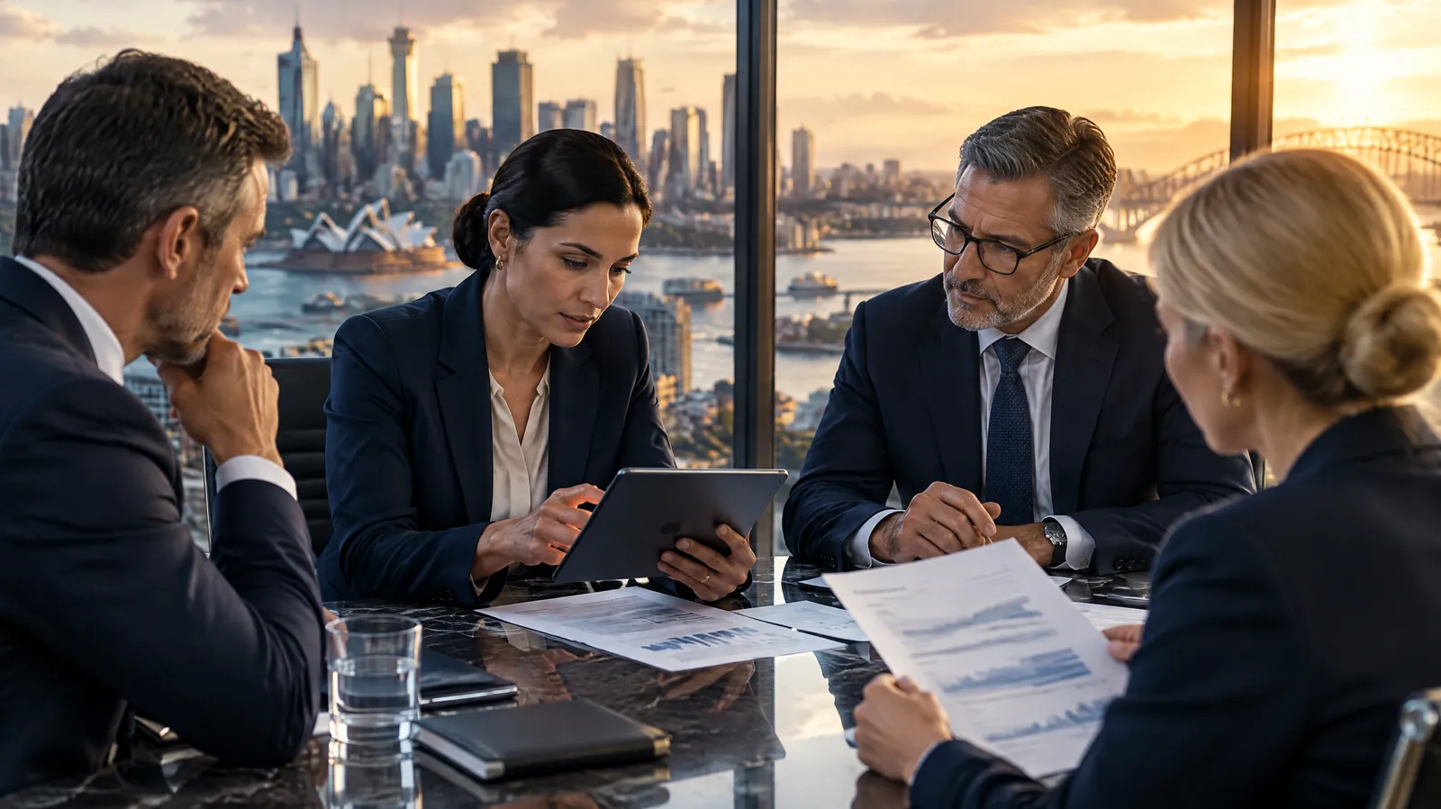 Executives in a bank boardroom above a harbour city reviewing a resilience report, representing APRA CPS 230 and CPS 234 advisory