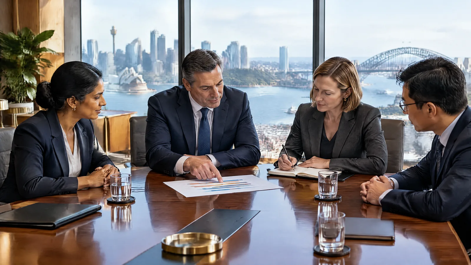 A board reviewing a cyber security report showing domain progress bars, representing executive accountability under the ASD Essentials.