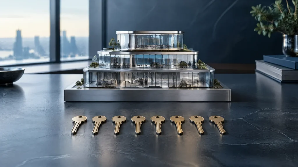 Eight brass keys in a row leading to a three-tier glass and steel model, representing the move from the Essential Eight to the ASD Essentials framework.