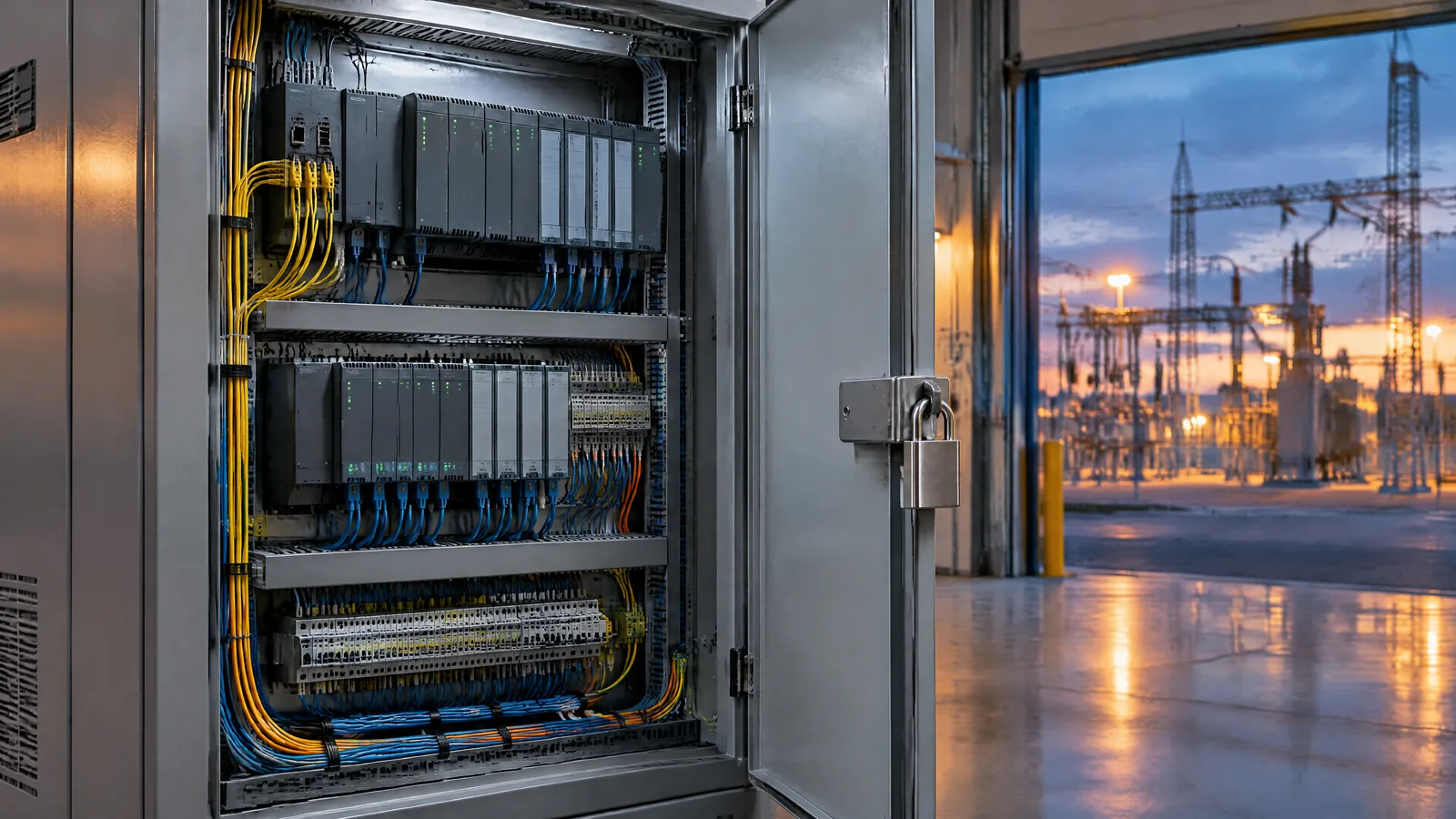An open industrial control cabinet with PLC modules and a padlocked door in a substation, representing ASD Essentials for operational technology.