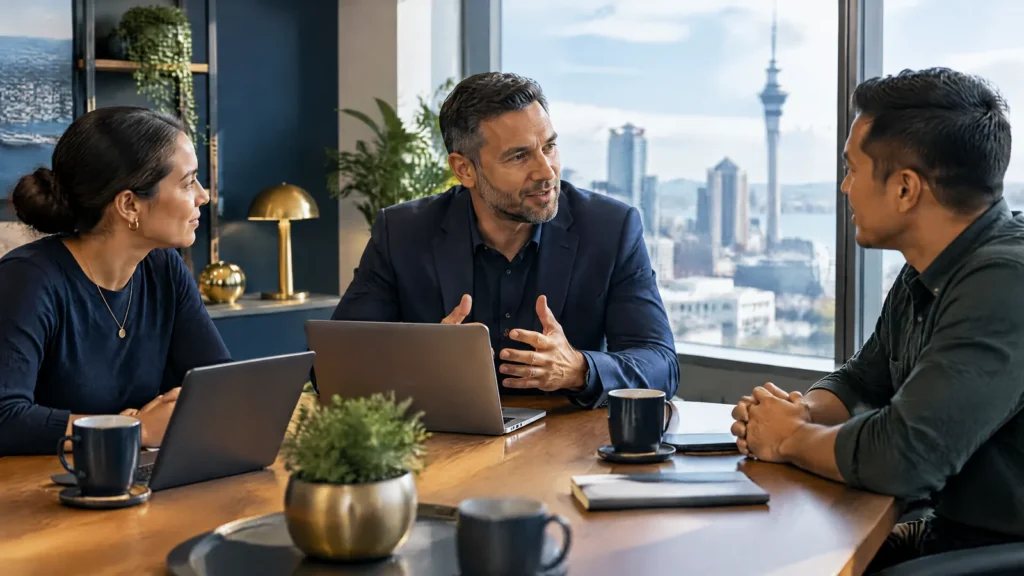 A cyber security consultant meets Auckland small business owners in a modern office.