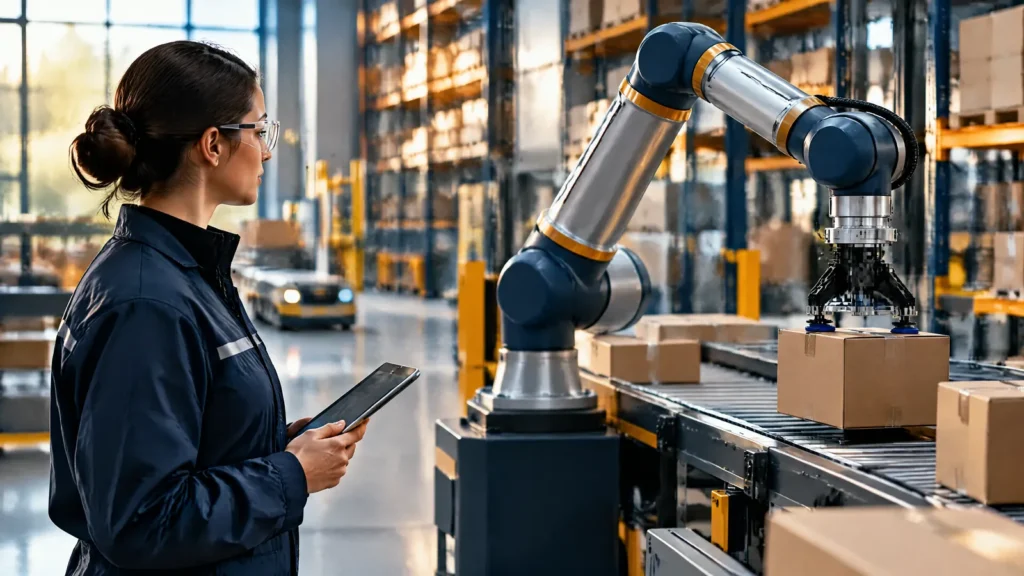 An engineer supervises an autonomous robot arm, illustrating AI-specific risks.