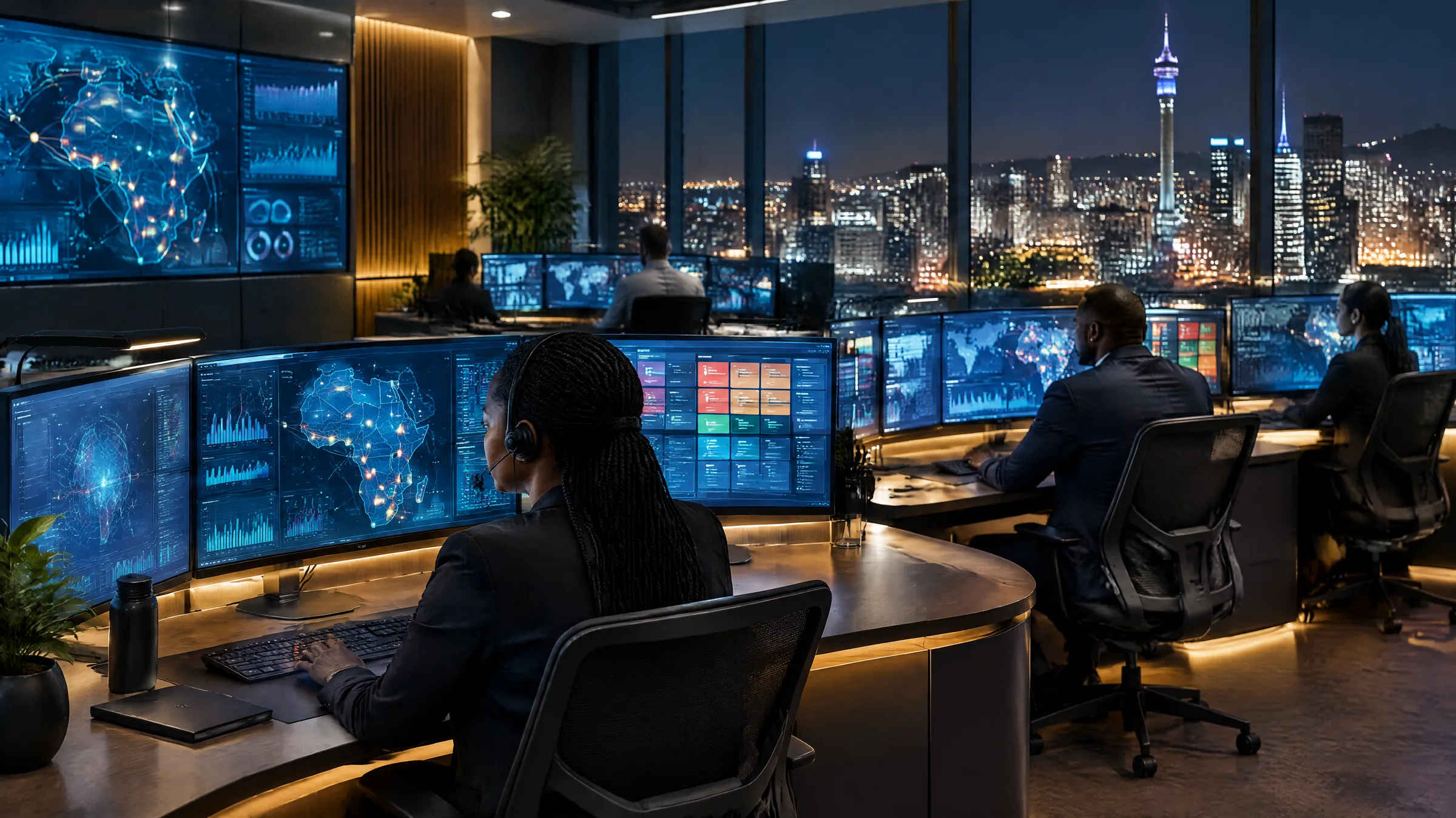 Analysts at a bank security operations centre in Johannesburg at night, representing cyber resilience for South African banks and insurers